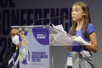 La activista climática sueca Greta Thunberg habla en la conferencia “Jóvenes por el clima”, en Italia.