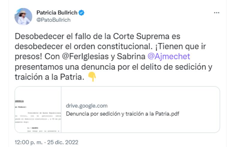 La líder de Propuesta Republicana (PRO) -principal facción opositora-, Patricia Bullrich publicó en su cuenta de Twitter la denuncia por sedición y traición a la Patria, contra Alberto Fernández.