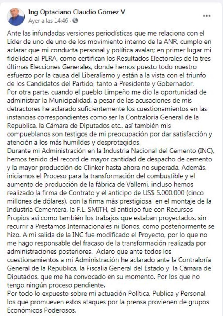 Publicación de intendentable liberal Optaciano Gómez Verlangieri  en la red social facebook