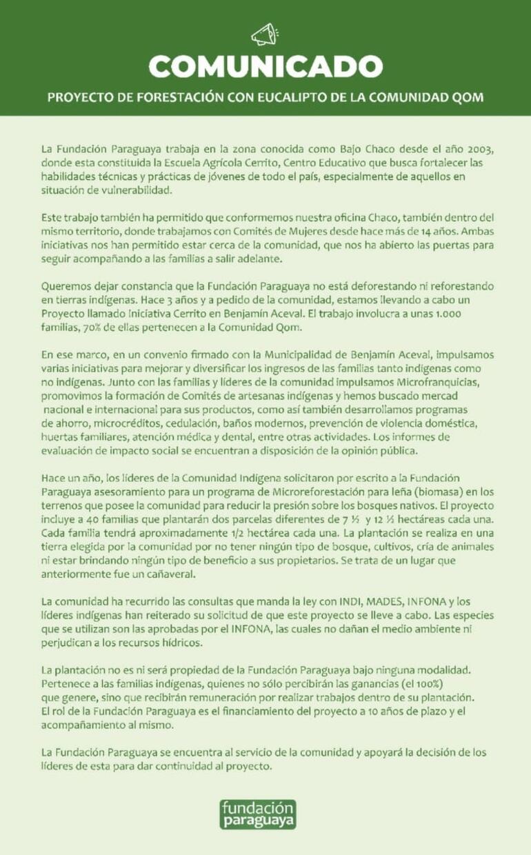Comunicado de la Fundación Paraguaya sobre su proyecto de forestación de eucalipto.