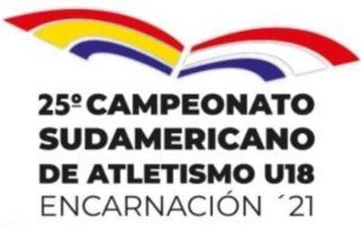 Logo del 25 Sudamericano de Atletismo U18, que representa las alas de un tero volando, con los colores de la bandera paraguaya y la ciudad de Encarnación.
