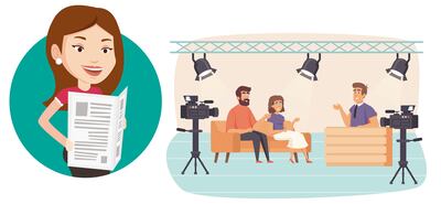 Tipos de medios de comunicación, como la prensa escrita, la televisión, la radio y otros.