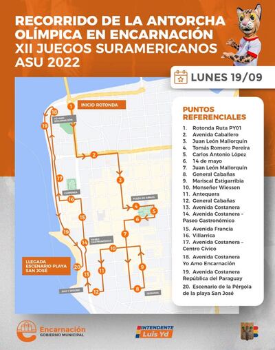 La gráfica muestra el recorrido por Encarnación que realizará la antorcha olímpica de los juegos Odesur, a partir de las 15:00 horas de mañana, lunes.