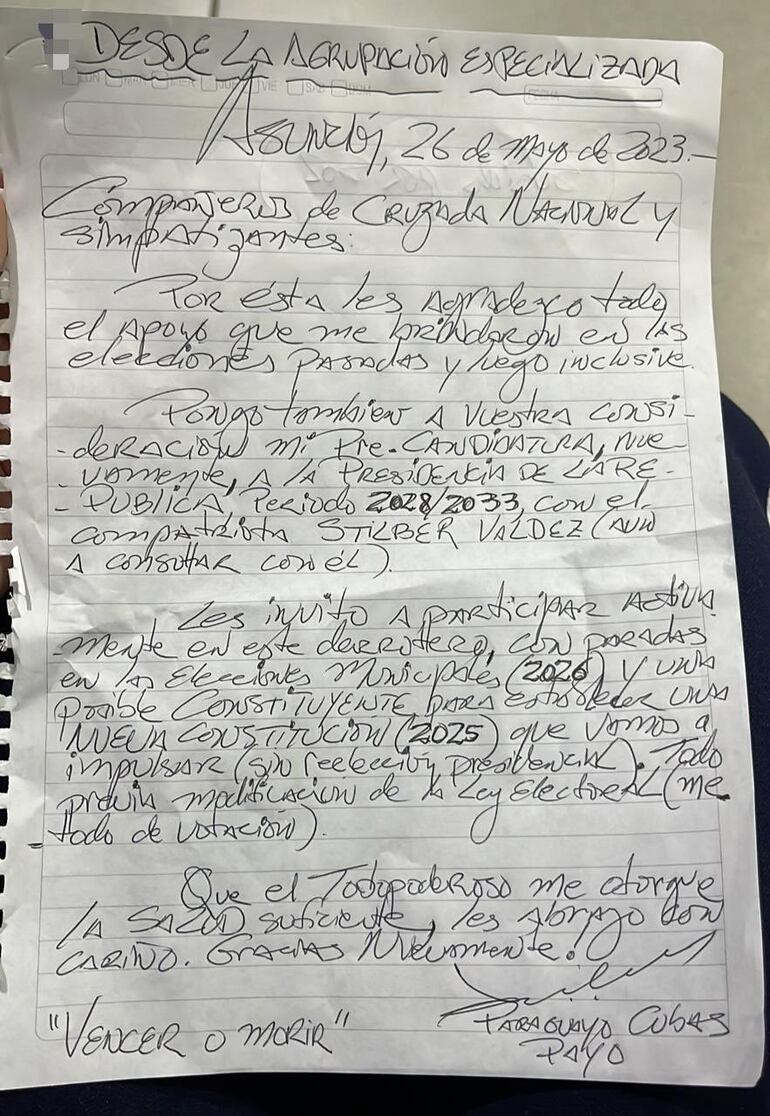 Nota redactada por Paraguayo Cubas anunciando su candidatura a la Presidencia.