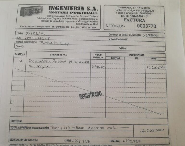 Factura presuntamente clonada.