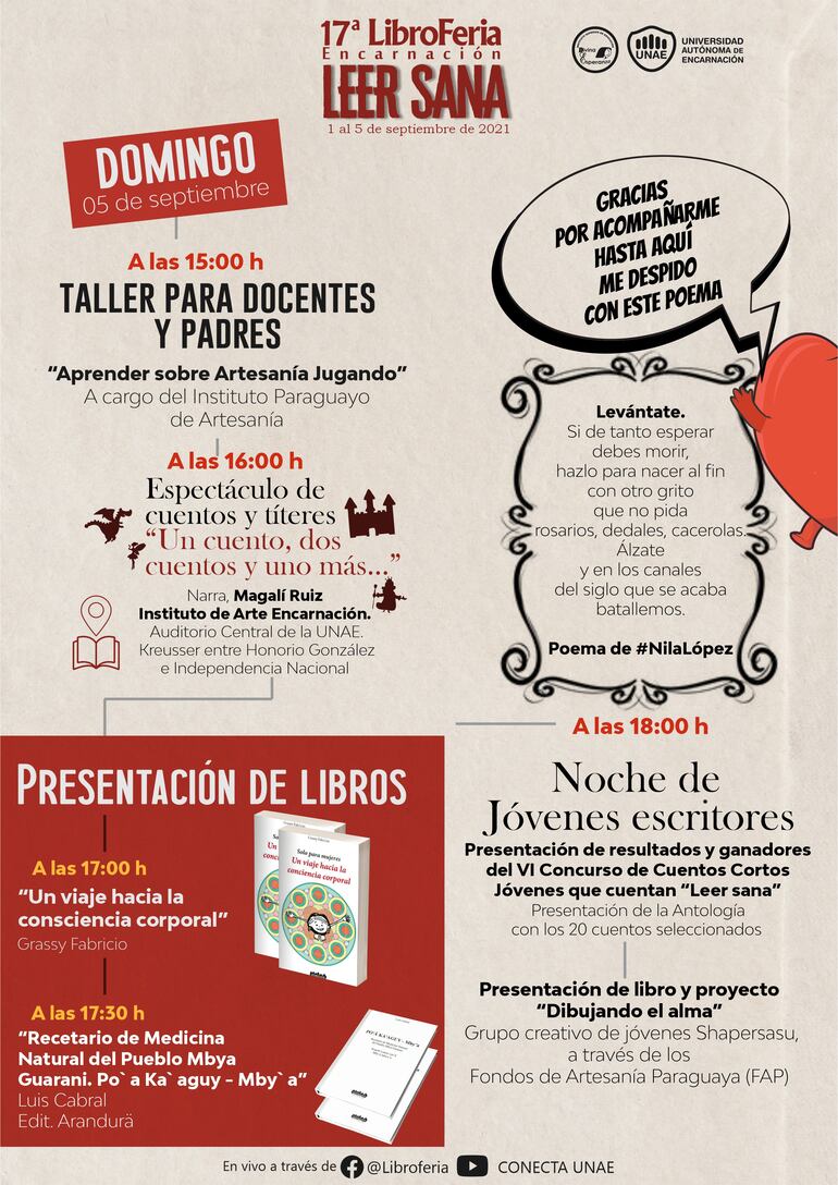 Programa de la Libroferia para mañana, domingo, último día de la exposición.
