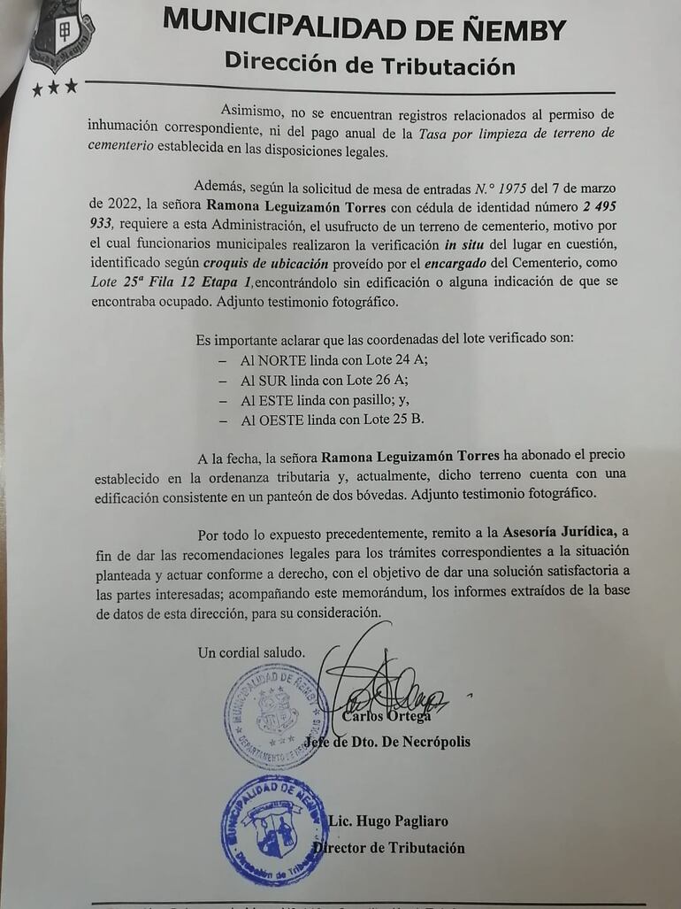 Informe a la asesoría jurídica de Ñemby sobre la denuncia de la reventa del terreno en el cementerio