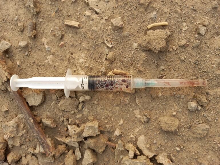 Las basuras hospitalarias que cayeron del camión recolector en el camino de Fuerte Olimpo.