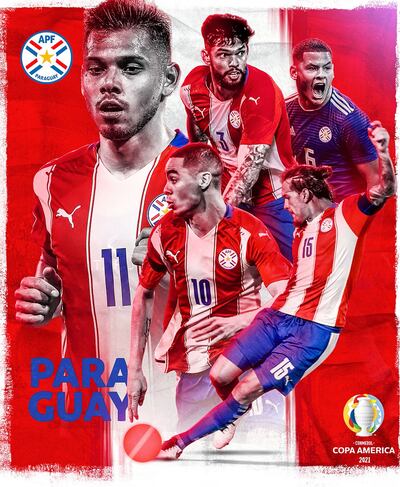 Composición gráfica de la Confederación Sudamericana de Fútbol con las imágenes de Ángel Romero, Miguel Almirón, Gustavo Gómez, Omar Alderete y Richard Sánchez. Paraguay fue campeón de la Copa América en dos ediciones, en 1953 y 1979.