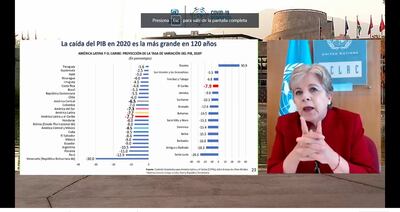 Alicia Bárcena, directora de Cepal durante la presentación del Balance 2020. En la gráfica Paraguay figura como la economía menos afectada por la crisis covid-19 e la región.