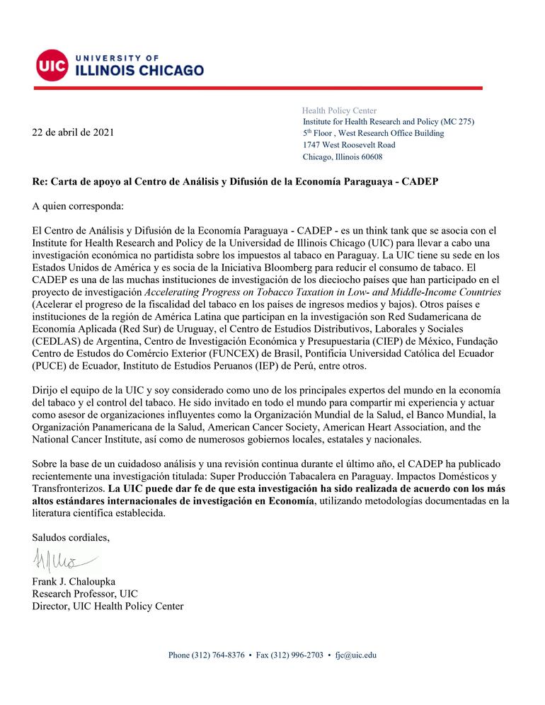 Nota del Institute for Health Research and Policy de la Universidad de Illinois Chicago (UIC) en respaldo a la investigación de Cadep.