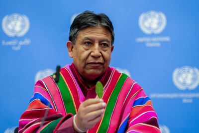El vicepresidente de Bolivia, David Choquehuanca, en rueda de prensa tras la reunión de la Comisión de Estupefacientes de la ONU en la que ha anunciado que iniciará un procedimiento para acabar con la prohibición internacional de la hoja de coca, que tiene importantes usos tradicionales para los pueblos andinos.