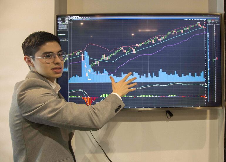 El analista financiero y especalista en la bolsa Andres Garza muestra el comportamiento de las acciones de una empresa.
