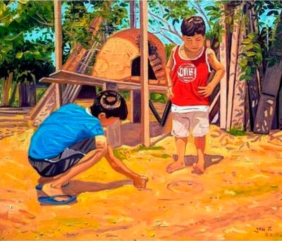 “Balita kora” es una de las obras que ofrece Joel Riveros en la galería virtual, representando a dos niños con el tradicional juego de las balitas.