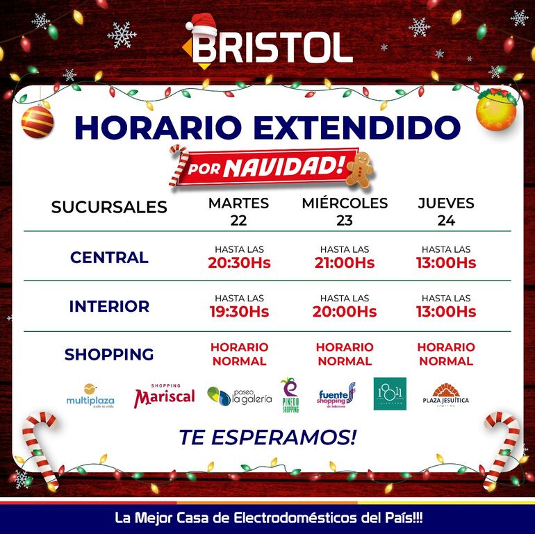 Bristol. Horario extendido por navidad.