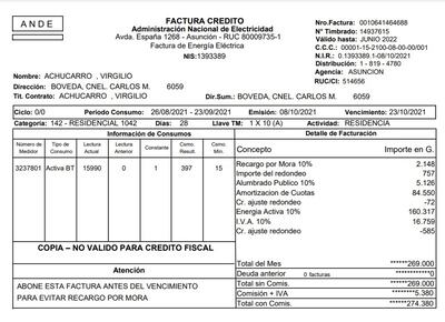 Factura del usuario cuyo medidor no fue leído durante 20 meses.