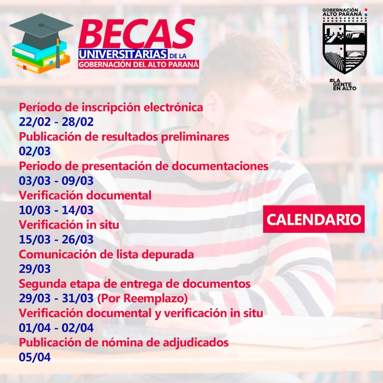 El calendario del programa de becas está disponible en la página web Gobernación del Alto Paraná.