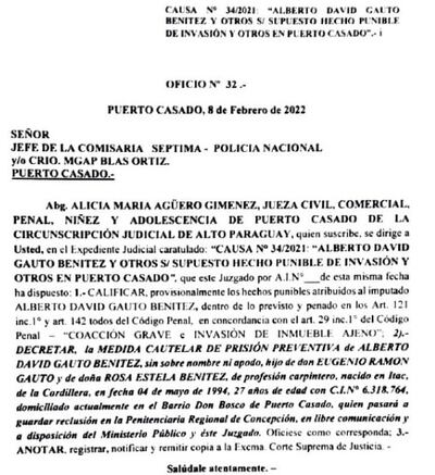 La jueza Alicia María Agüero Giménez, magistrada multifueros del distrito de Puerto Casado, ordenó el miércoles que Alberto David Gauto Benítez, prófugo que fue capturado el pasado domingo, sea remitido a la Penitenciaría Regional de Concepción.