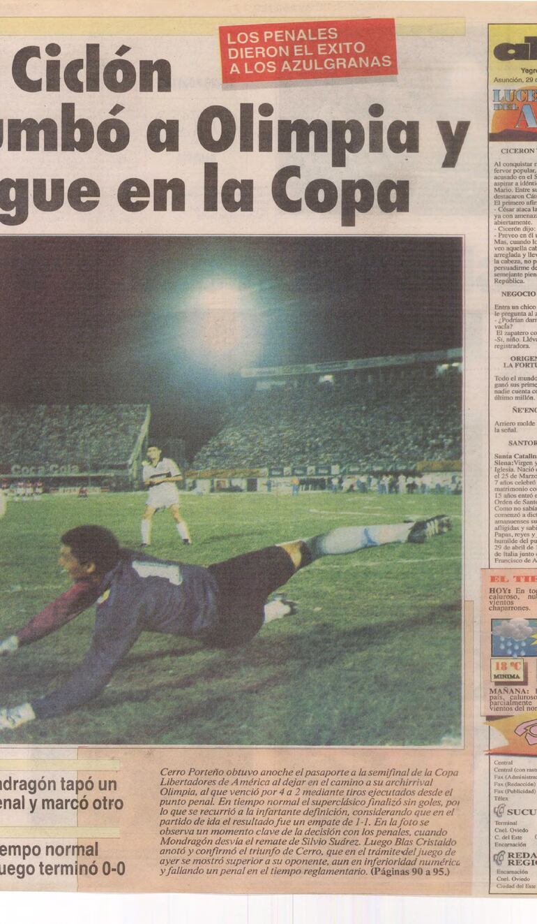Contratapa del 29 de abril de 1993 cuando Cerro dejó fuera a Olimpia