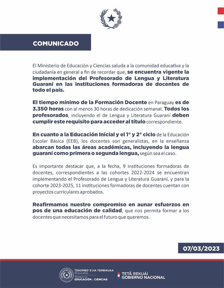 Comunicado del MEC sobre el reclamo del Ateneo de Lengua y Cultura Guaraní.