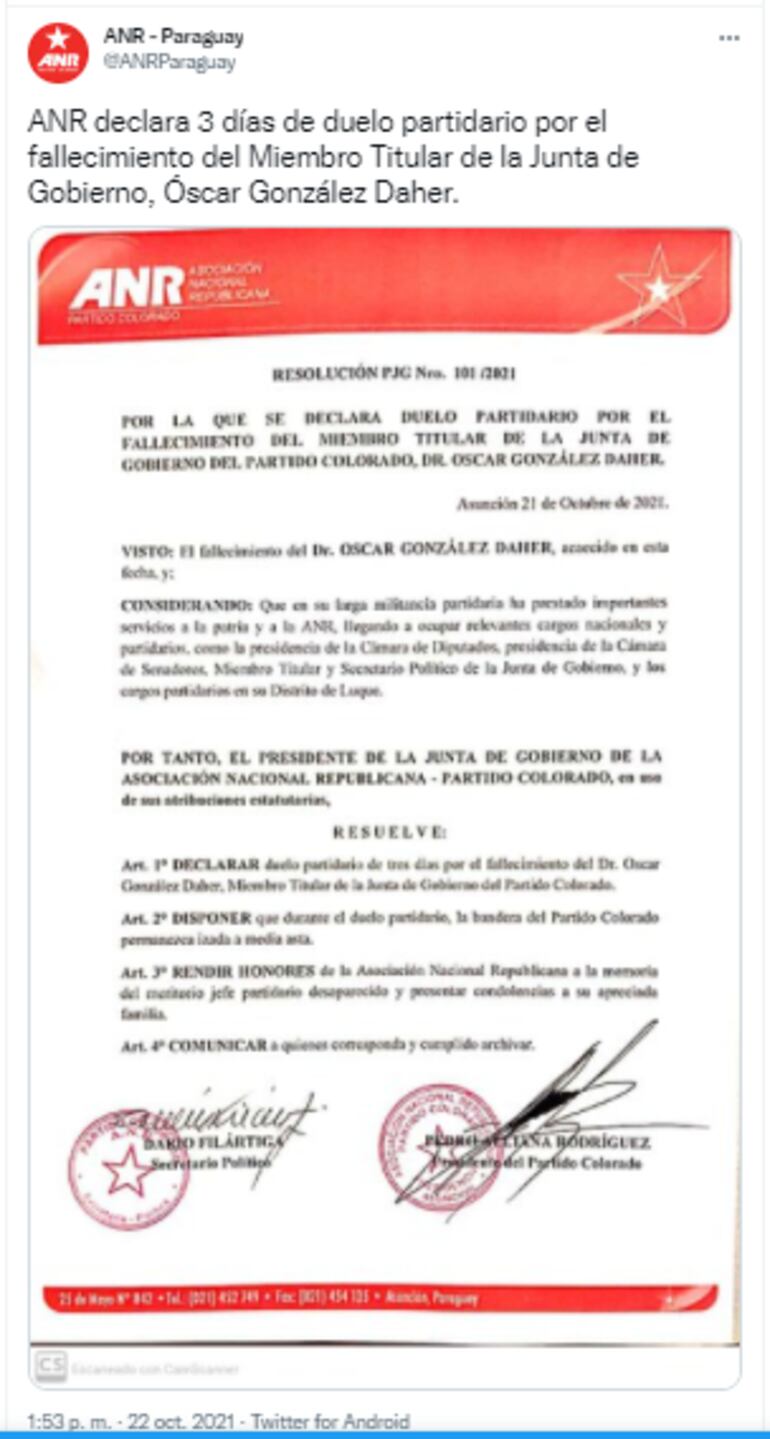 Twitter de la ANR sobre los 3 días de duelo por la muerte de Óscar González Daher.