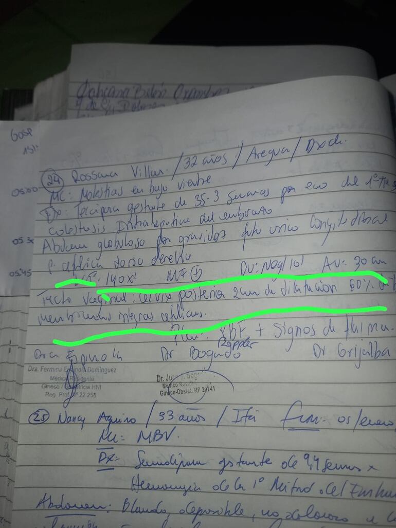 Registro de recepción de la paciente firmado por los médicos de guardia.