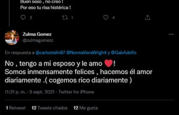 Respuestas poco decorosas de la senadora Zulma Gómez en Twitter.