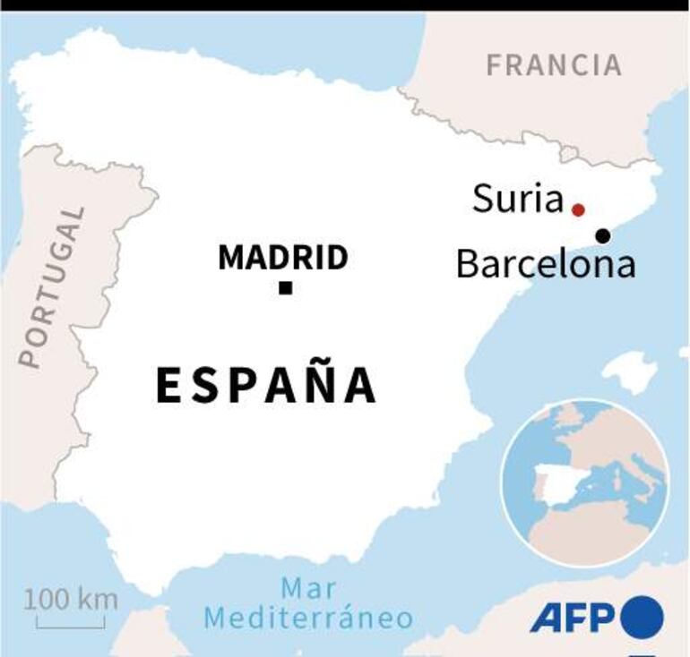 Mapa de España localizando Suria, en Cataluña, donde tuvo lugar un accidente en una mina el jueves - AFP / AFP