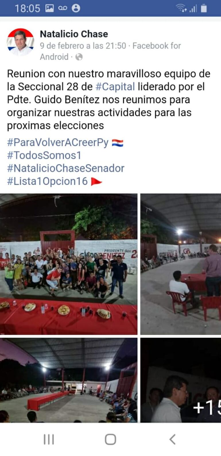 Impresión de pantalla de las redes del expresidente de la Essap, Natalicio Chase, donde menciona a Benítez. 