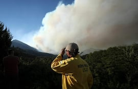 Un guardia forestal se lamenta ante los incendios que consumen áreas de la Ruta 40, en Paraje Villegas, Río Negro.
