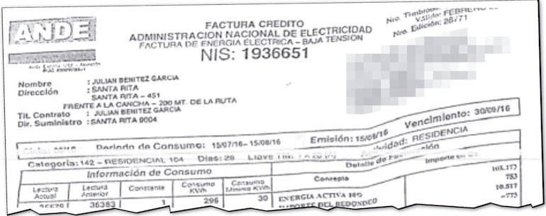 Factura de la ANDE a nombre del compatriota presuntamente falsificada y presentada para el registro de la compañía de portafolio.