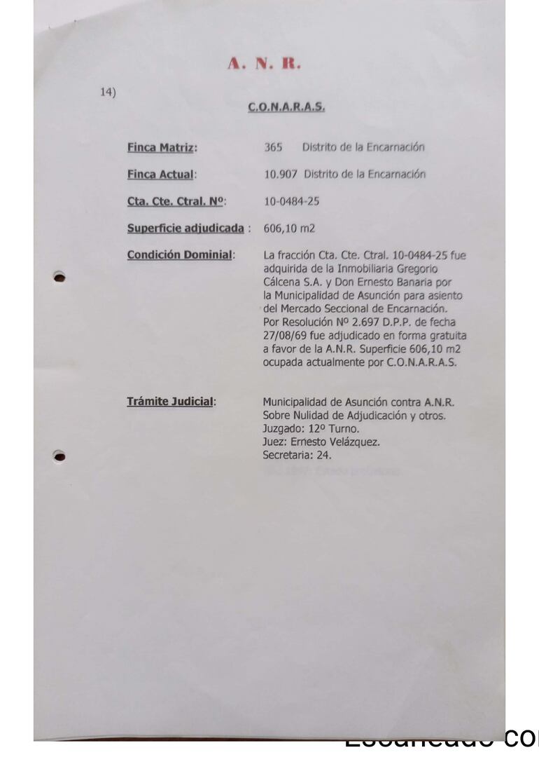“ANR CONARAS”, dicta el documento que obra en la Dirección de Catastro Municipal. Federico Mora afirmó, empero, que entre el terreno y la ANR no había nexos.