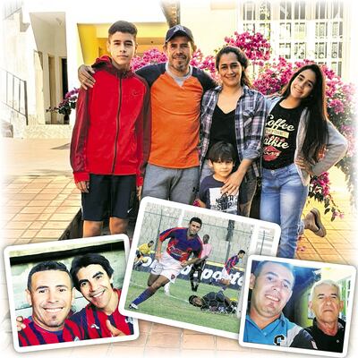 Composición gráfica de Virgilio Ferreira Romero con componentes de  su familia  y en la celebración de un gol con el club de sus amores,  Cerro Porteño.