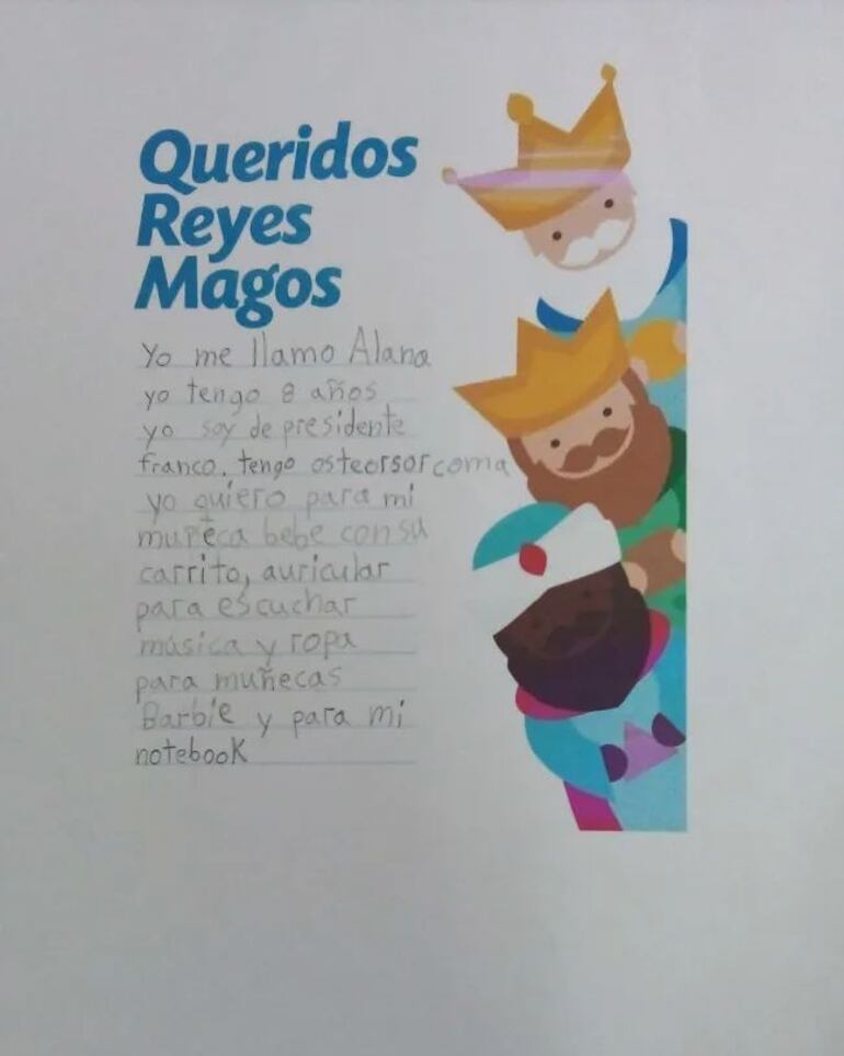 Alana pidió notecook, auriculares, y una mañeca bebé con carrito y ropas para su barbie.