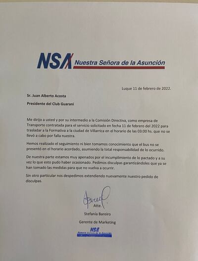 Nota presentada por Nuestra Señora de la Asunción al presidente de Guaraní, Juan Alberto Acosta.