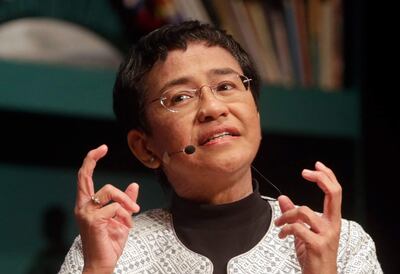 La premio Nobel de Paz 2021, la periodista filipina María Ressa, habla durante una charla en el segundo día del Hay Festival de Cartagena (Colombia).