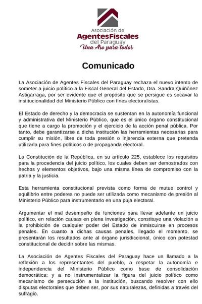 La Asociación de Fiscales del Paraguay emitió un comunicado rechazando el nuevo pedido de juicio político a Sandra Quiñónez.