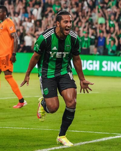 Cecilio Andrés Domínguez, 26 años, grita su gol para el Austín FC.