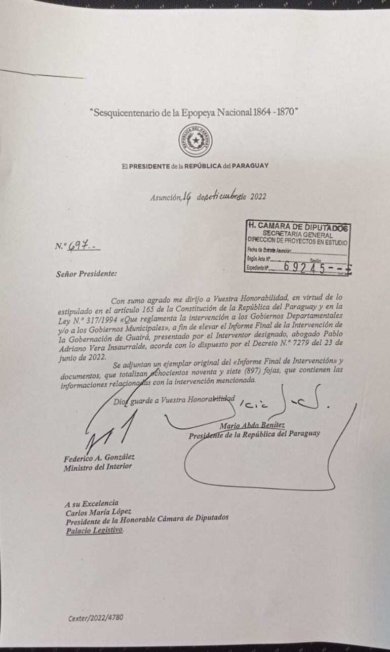 Nota enviada a la Cámara de Diputados por el ministro Federico González, sobre el informe de intervención a la Gobernación de Guairá.