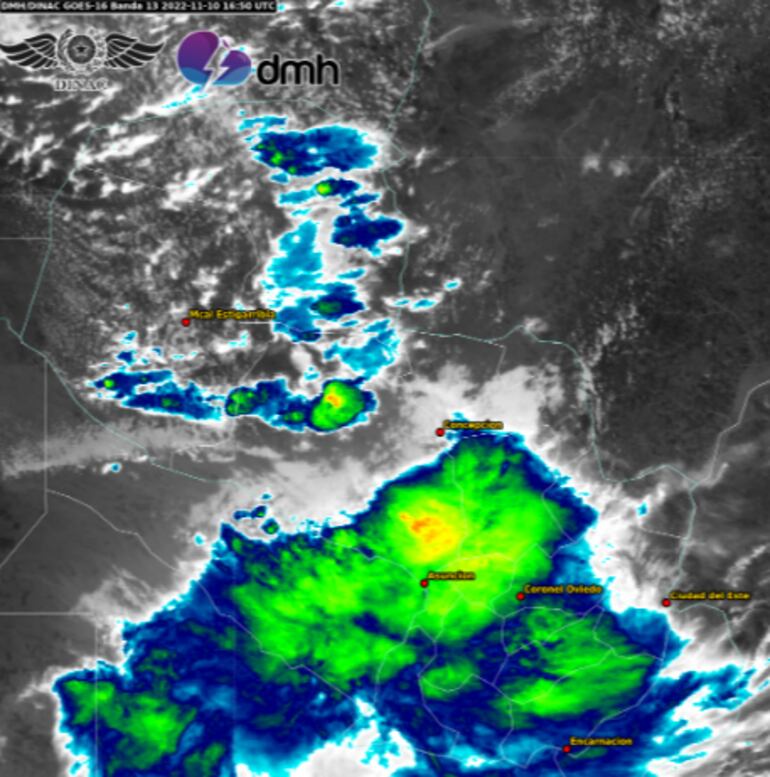 Imagen satelital de la Dirección de Meteorología e Hidrología (DMH) donde se muestra que varios departamentos de la región Oriental están en el foco de tormentas.