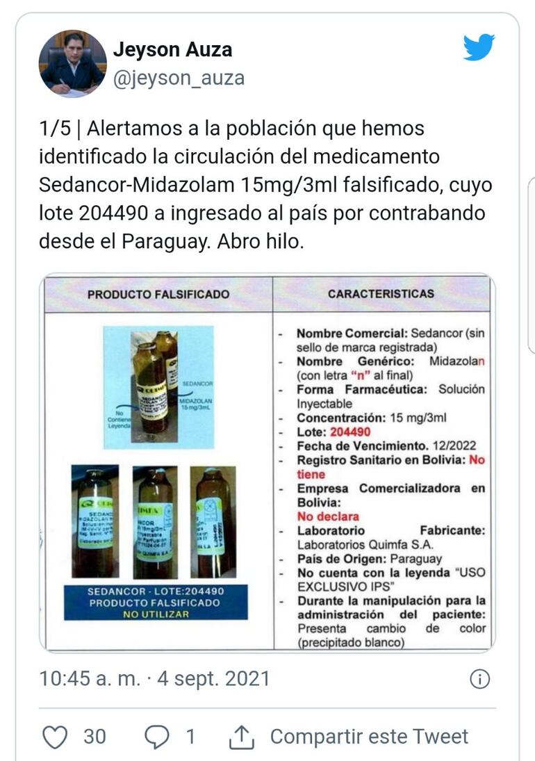 Paraguay contrabandea Midazolam falso a Bolivia. Comunicado del ministro de Salud de Bolivia.