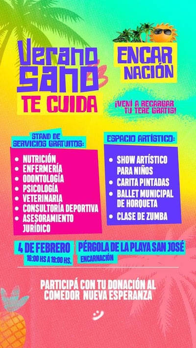 Afiche de invitación al festival "verano sano" que se desarrollará este sábado, en la pérgola de la playa San José de Encarnación.