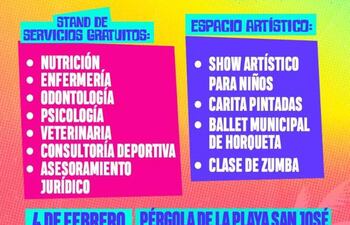 Afiche de invitación al festival "verano sano" que se desarrollará este sábado, en la pérgola de la playa San José de Encarnación.