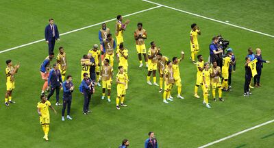 Los jugadores de Ecuador celebran tras ganar el partido inaugural del grupo A de la Copa Mundial de la FIFA 2022 entre Qatar y Ecuador en el estadio Al Bayt. en Al Khor, Qatar, 20 de noviembre de 2022.