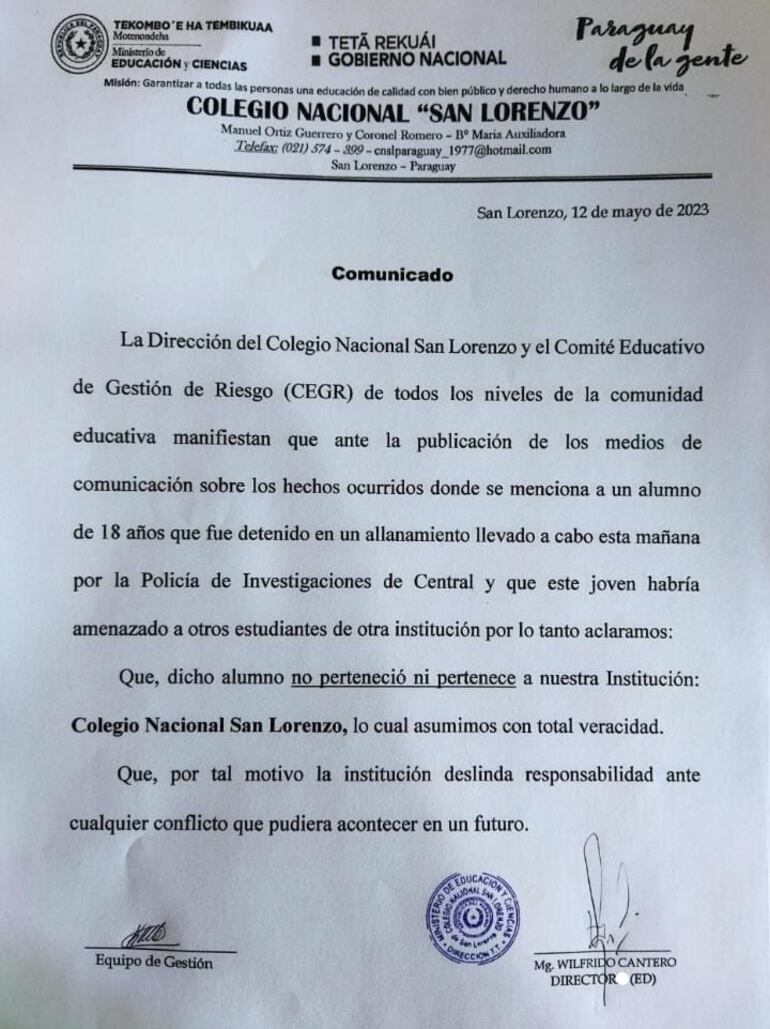 Comunicado del Colegio Nacional de San Lorenzo.