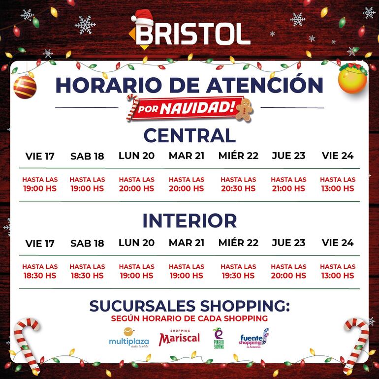 Horario de atención de Bristol por Navidad.