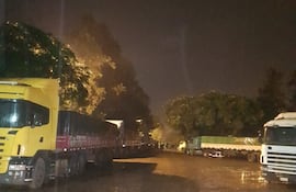 Vista de un sector de los cerca de 1.000 camiones graneleros que están esperando en Ciudad del Este, para poder pasar al Brasil y llevar las exportaciones a sus mercados de destino.