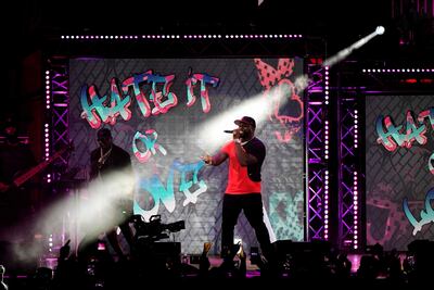 US rapper Curtis James Jackson III aka 50 Cent, performs on stage during the Iconica Sevilla Fest at the Plaza de Espana in Seville on Sptember 22, 2022. (Photo by CRISTINA QUICLER / AFP)