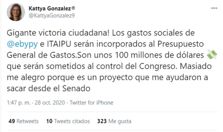 Apenas sancionó el proyecto de ley la Cámara de Diputados, la parlamentaria Kattya González celebraba a través de un tweet la decisión.