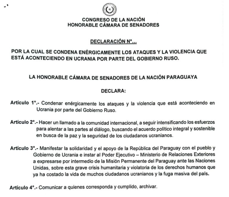 Articulados del proyecto de declaración. (gentileza).